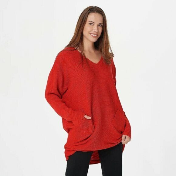 Denim & Co V Neck Sweater Tunic with Pockets Red - Picture 1 of 6